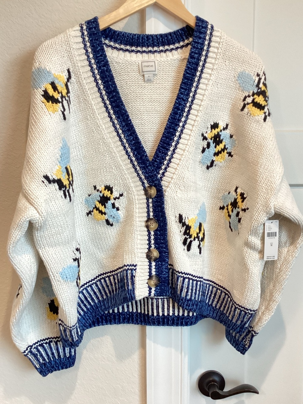 Anthropologie Bee Cardigan Sweater Maeve Icon Chunky New Medium Ivory Bumblebee - Picture 4 of 15